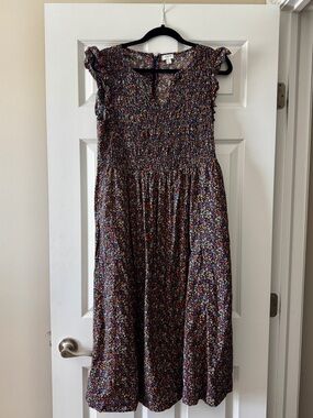 J. Crew Factory Navy Mini Floral Shirred Midi Dress Ruffles